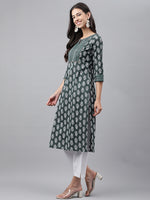 Thumbnail for Janasya Women's Dark Green Cotton Ethnic Motifs Casual Straight Kurta - Distacart