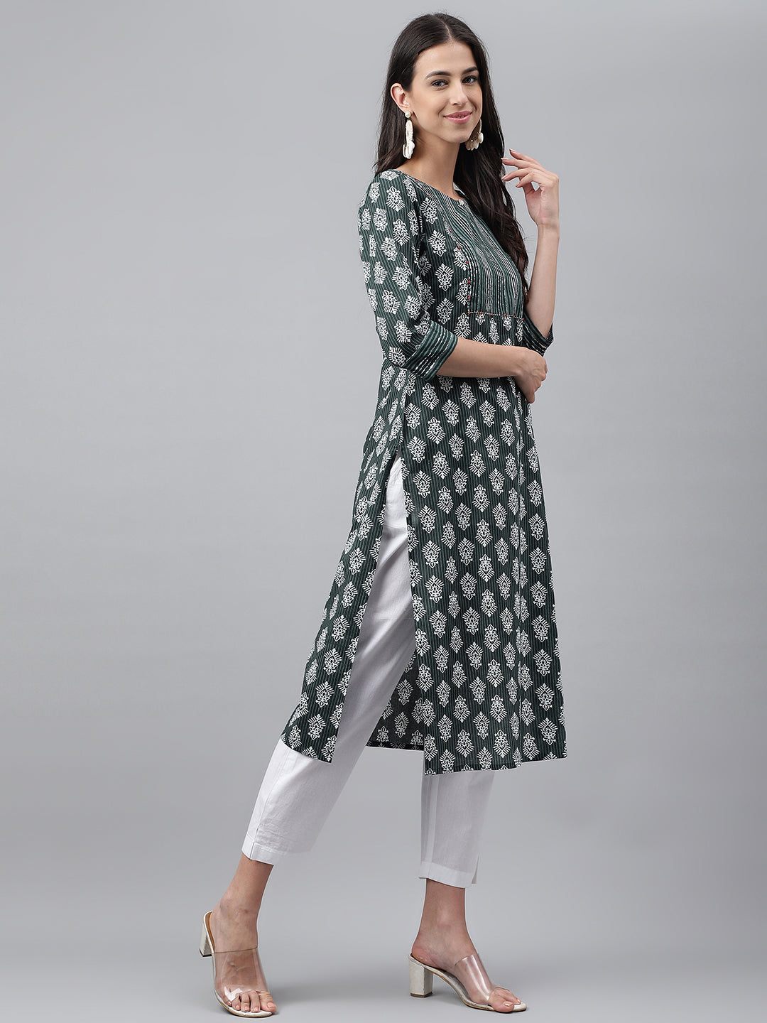 Janasya Women's Dark Green Cotton Ethnic Motifs Casual Straight Kurta - Distacart