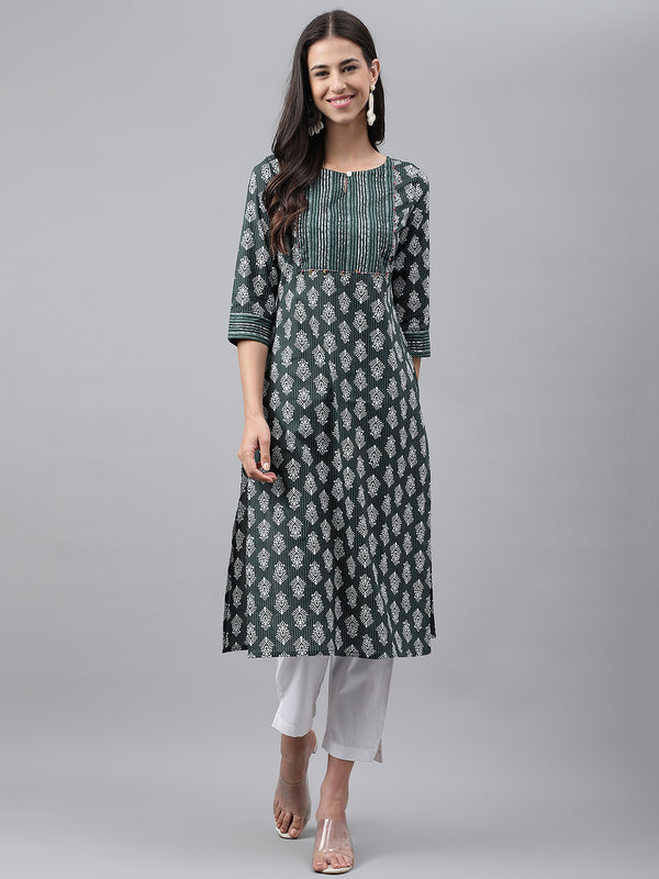 Janasya Women's Dark Green Cotton Ethnic Motifs Casual Straight Kurta - Distacart