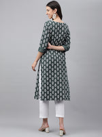 Thumbnail for Janasya Women's Dark Green Cotton Ethnic Motifs Casual Straight Kurta - Distacart
