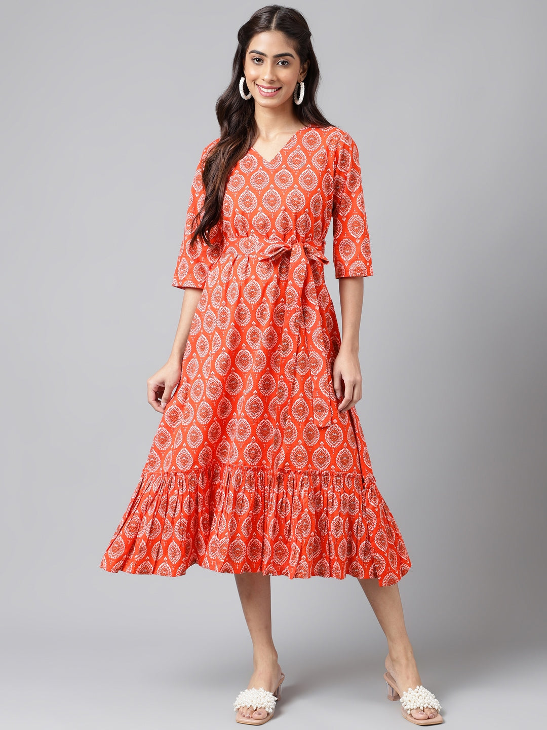 Janasya Women's Orange Cotton Ethnic Motifs Printed Ruffled Casual Dress - Distacart
