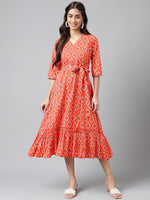 Thumbnail for Janasya Women's Orange Cotton Ethnic Motifs Printed Ruffled Casual Dress - Distacart