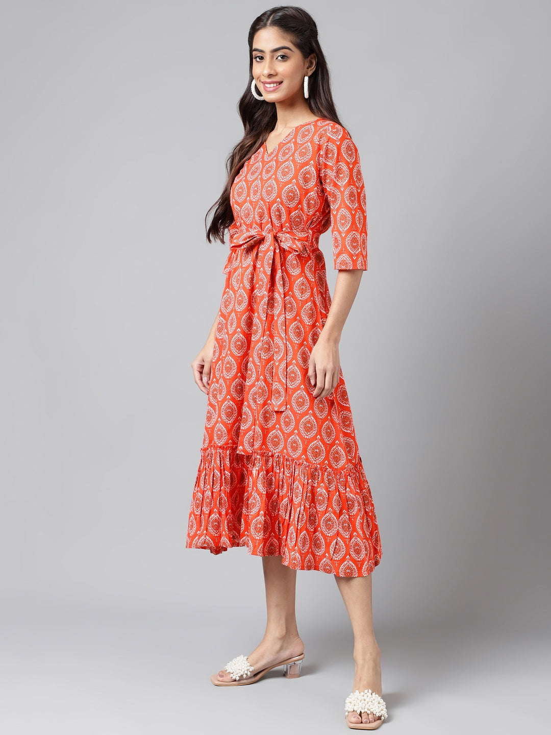 Janasya Women's Orange Cotton Ethnic Motifs Printed Ruffled Casual Dress - Distacart