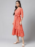 Thumbnail for Janasya Women's Orange Cotton Ethnic Motifs Printed Ruffled Casual Dress - Distacart