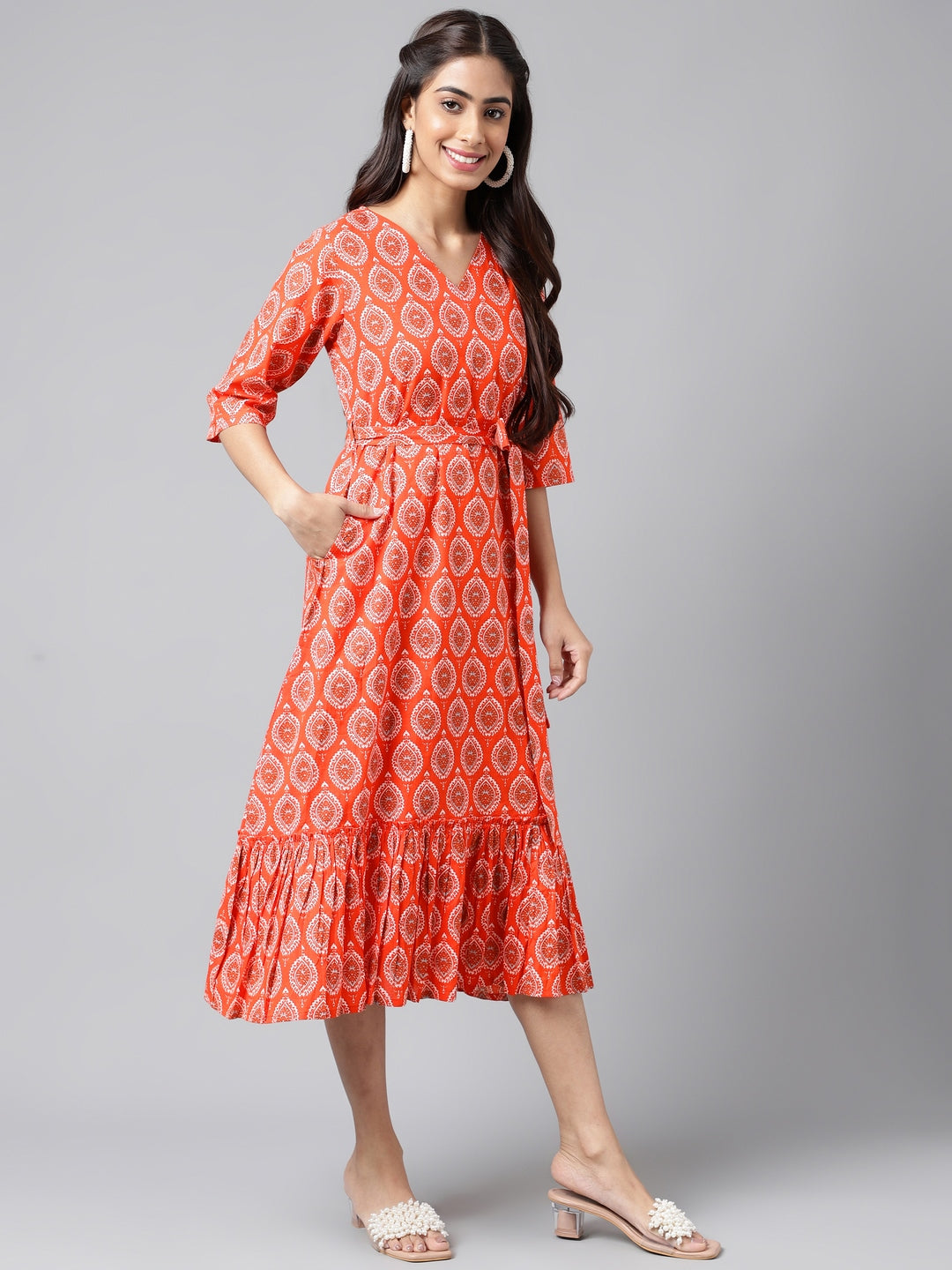Janasya Women's Orange Cotton Ethnic Motifs Printed Ruffled Casual Dress - Distacart