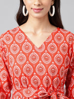 Thumbnail for Janasya Women's Orange Cotton Ethnic Motifs Printed Ruffled Casual Dress - Distacart