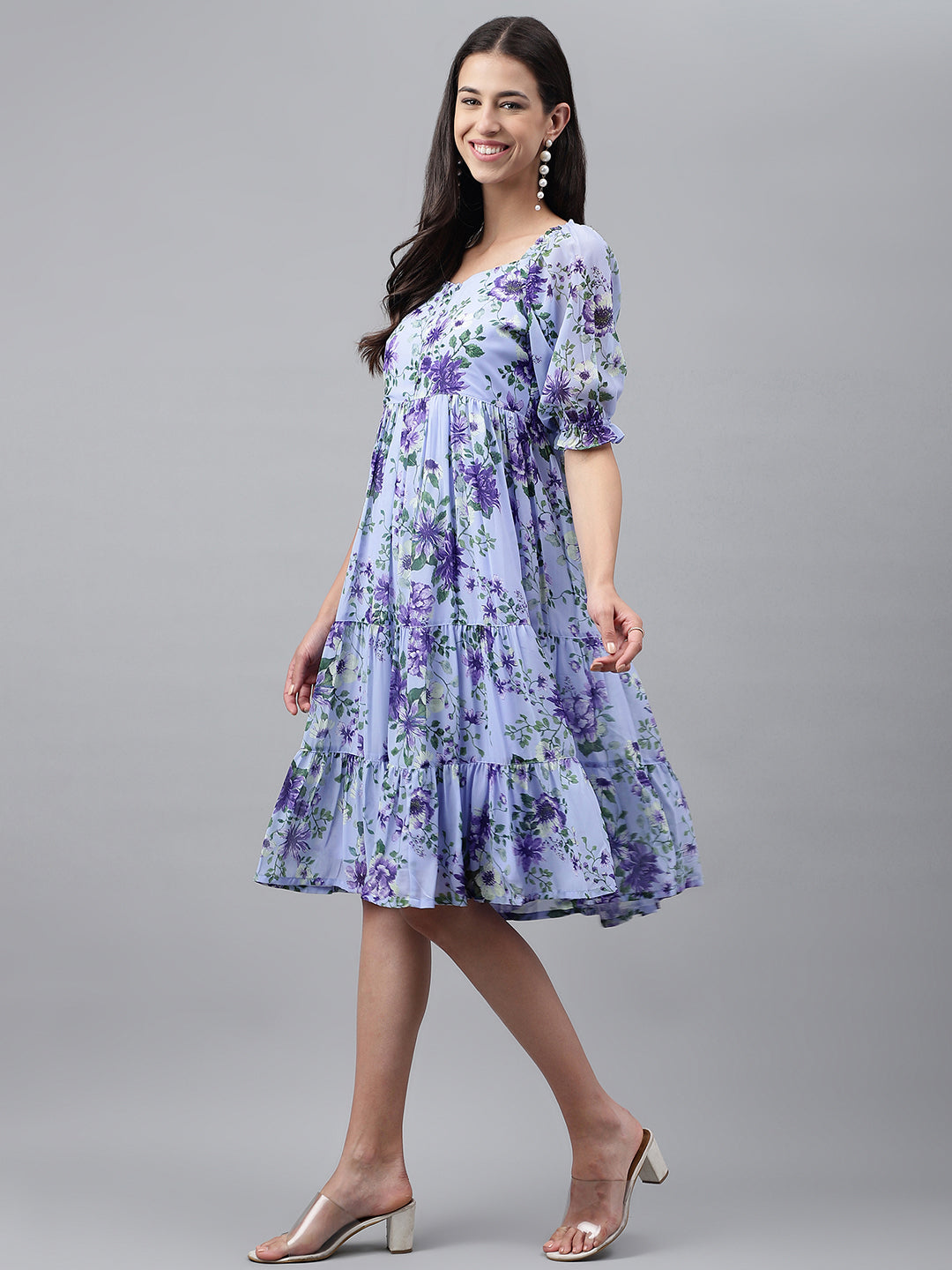 Janasya Women's Lavender Georgette Floral Printed Tiered Casual Dress - Distacart