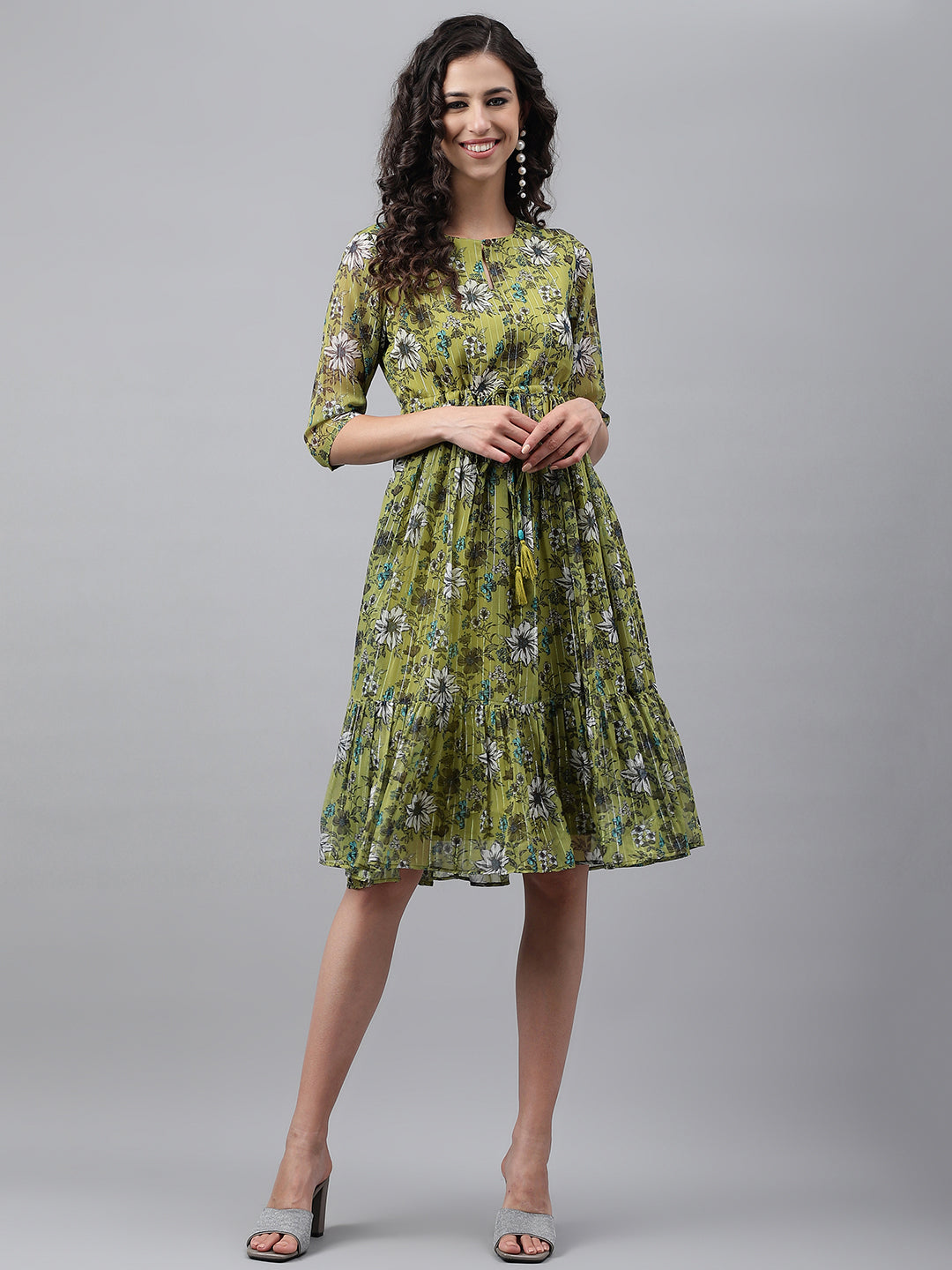 Janasya Women's Olive Green Chiffon Lurex Floral Printed Flared Casual Dress - Distacart