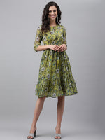 Thumbnail for Janasya Women's Olive Green Chiffon Lurex Floral Printed Flared Casual Dress - Distacart