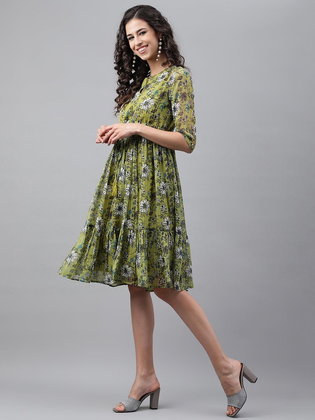 Janasya Women's Olive Green Chiffon Lurex Floral Printed Flared Casual Dress - Distacart