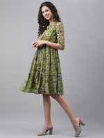 Thumbnail for Janasya Women's Olive Green Chiffon Lurex Floral Printed Flared Casual Dress - Distacart