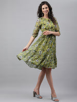 Thumbnail for Janasya Women's Olive Green Chiffon Lurex Floral Printed Flared Casual Dress - Distacart