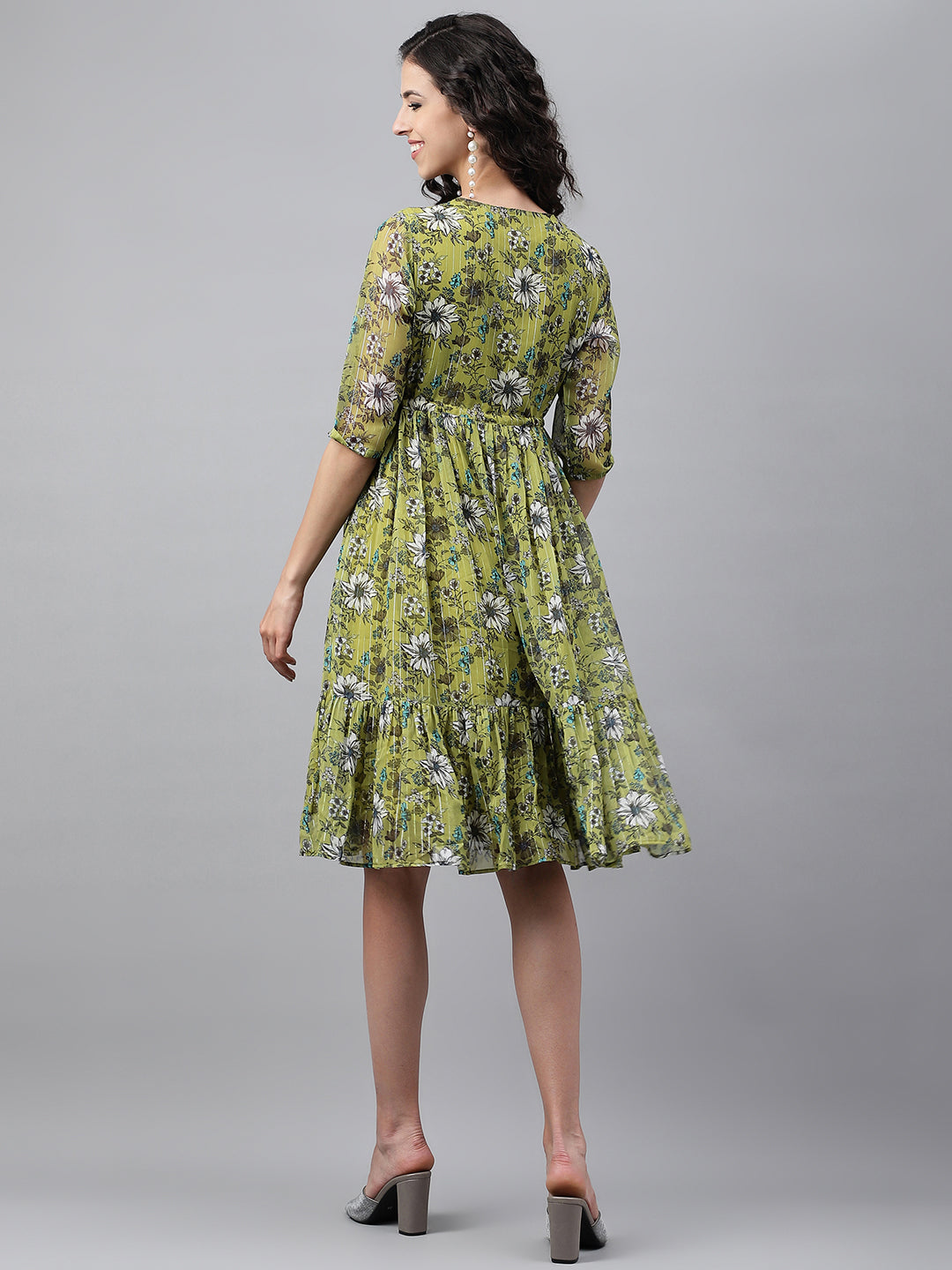 Janasya Women's Olive Green Chiffon Lurex Floral Printed Flared Casual Dress - Distacart