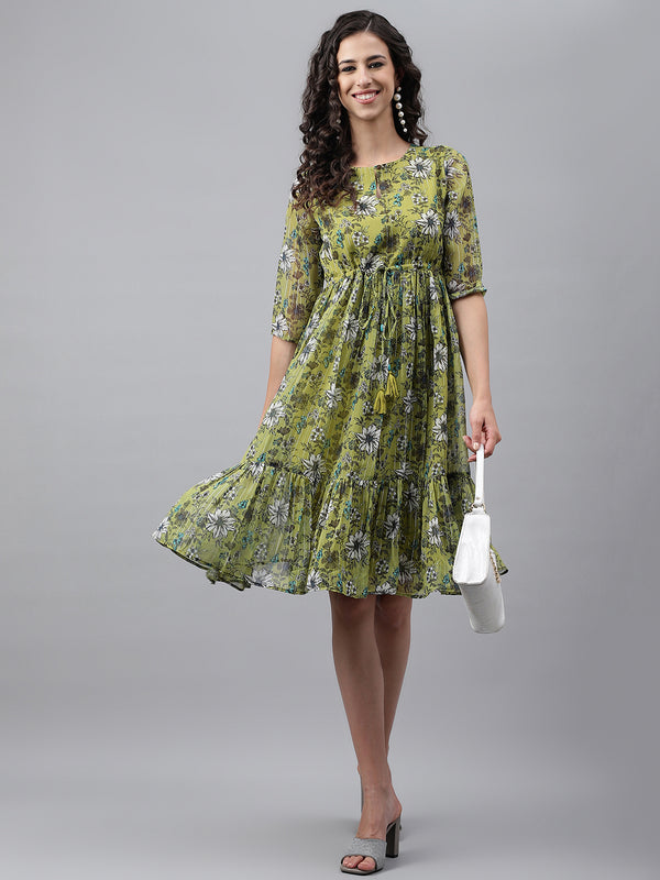 Janasya Women's Olive Green Chiffon Lurex Floral Printed Flared Casual Dress - Distacart