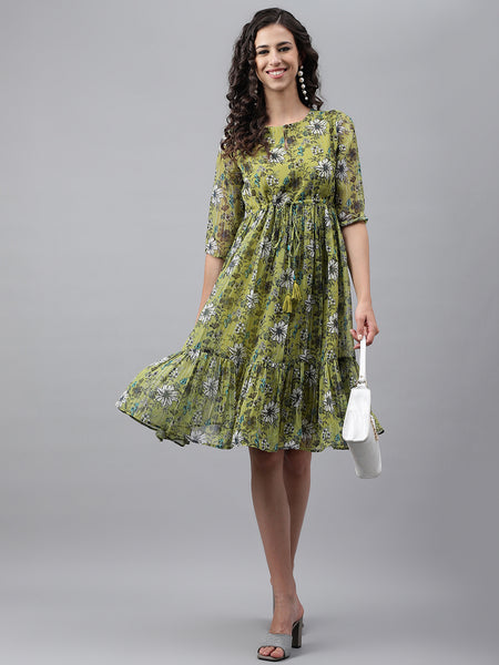 Janasya Women's Olive Green Chiffon Lurex Floral Printed Flared Casual Dress - Distacart