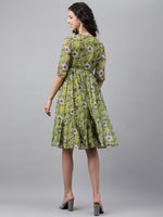 Thumbnail for Janasya Women's Olive Green Chiffon Lurex Floral Printed Flared Casual Dress - Distacart