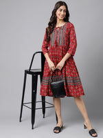 Thumbnail for Janasya Women's Maroon Cotton Ethnic Motifs Printed Flared Casual Dress - Distacart
