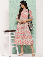 Thumbnail for Janasya Women's Peach Cotton Floral Printed Gathered Casual Dress - Distacart