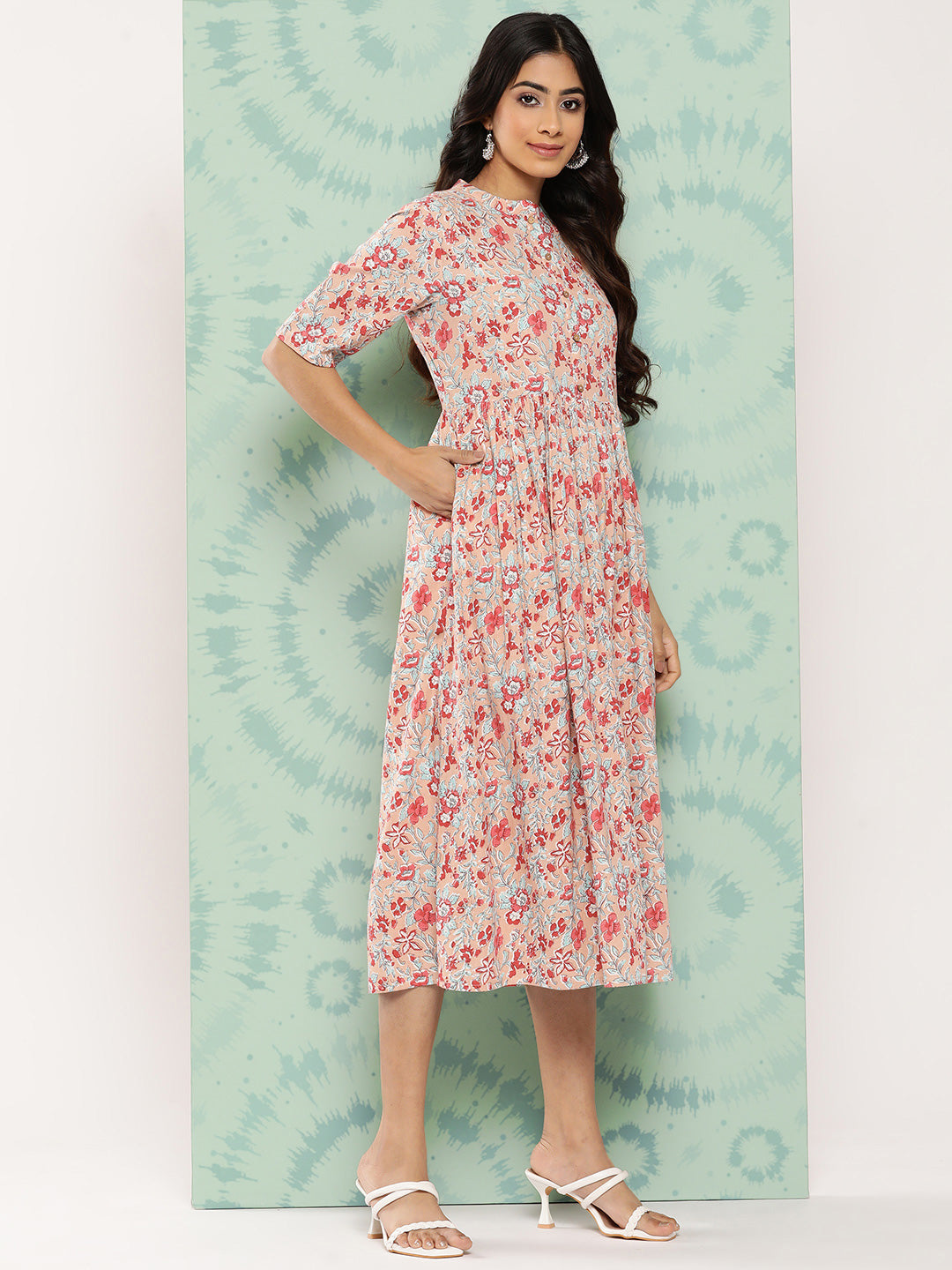 Janasya Women's Peach Cotton Floral Printed Gathered Casual Dress - Distacart