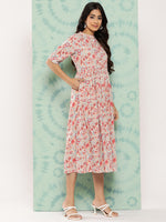 Thumbnail for Janasya Women's Peach Cotton Floral Printed Gathered Casual Dress - Distacart