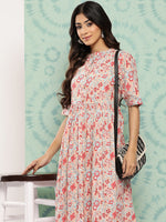 Thumbnail for Janasya Women's Peach Cotton Floral Printed Gathered Casual Dress - Distacart
