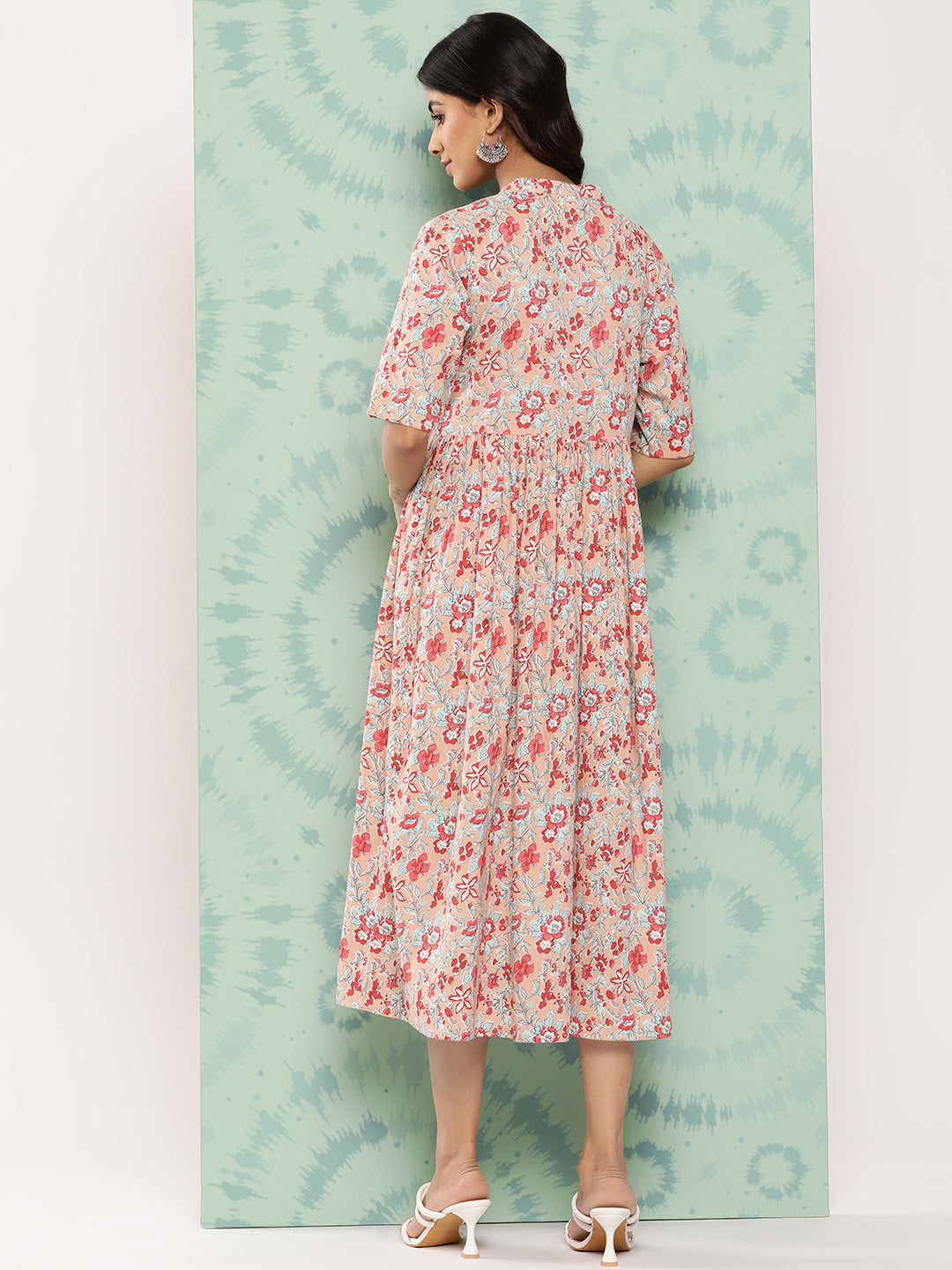 Janasya Women's Peach Cotton Floral Printed Gathered Casual Dress - Distacart