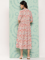 Thumbnail for Janasya Women's Peach Cotton Floral Printed Gathered Casual Dress - Distacart