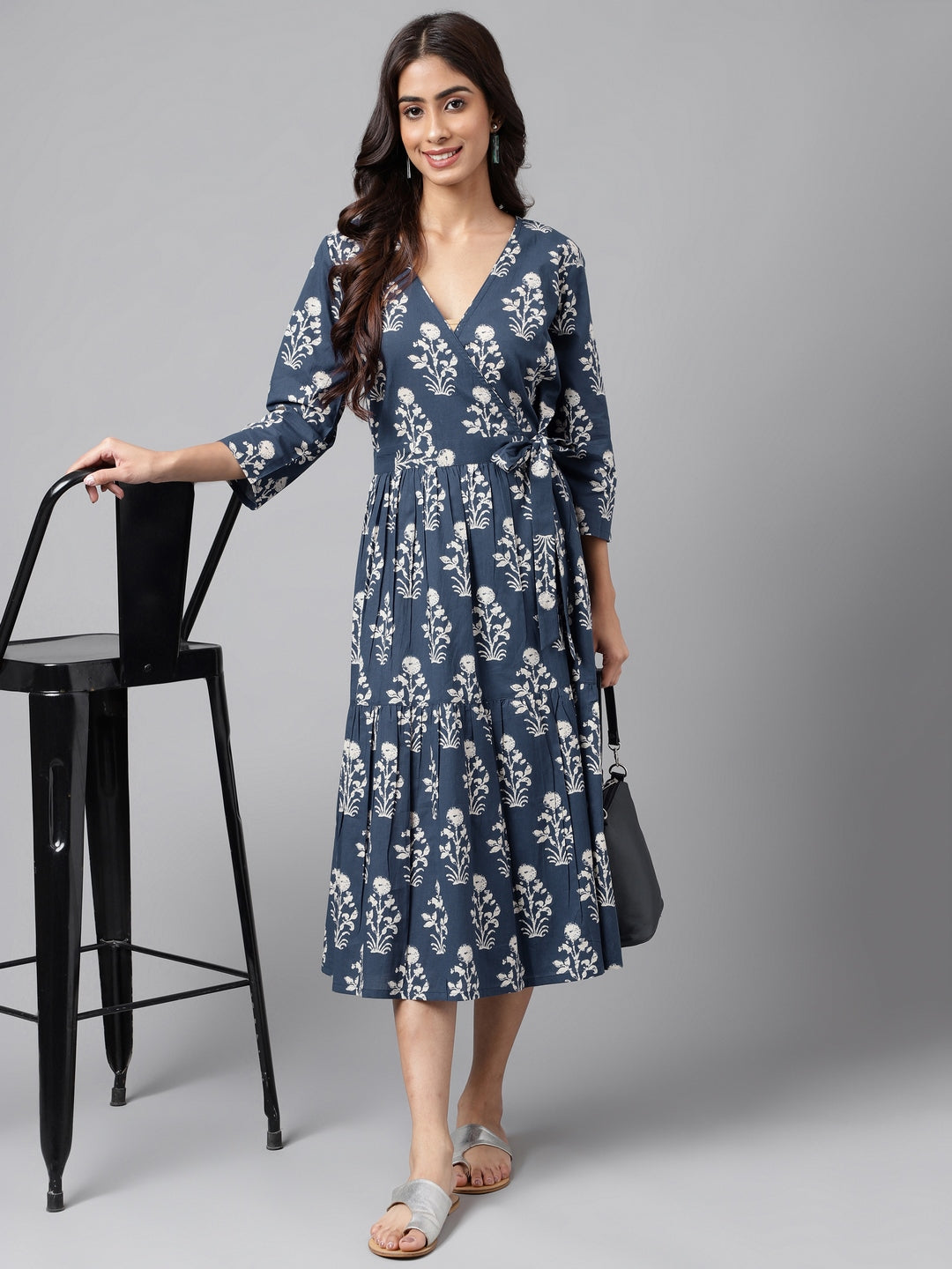 Janasya Women's Navy Blue Cotton Floral Printed Wrap Casual Dress - Distacart