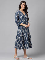Thumbnail for Janasya Women's Navy Blue Cotton Floral Printed Wrap Casual Dress - Distacart