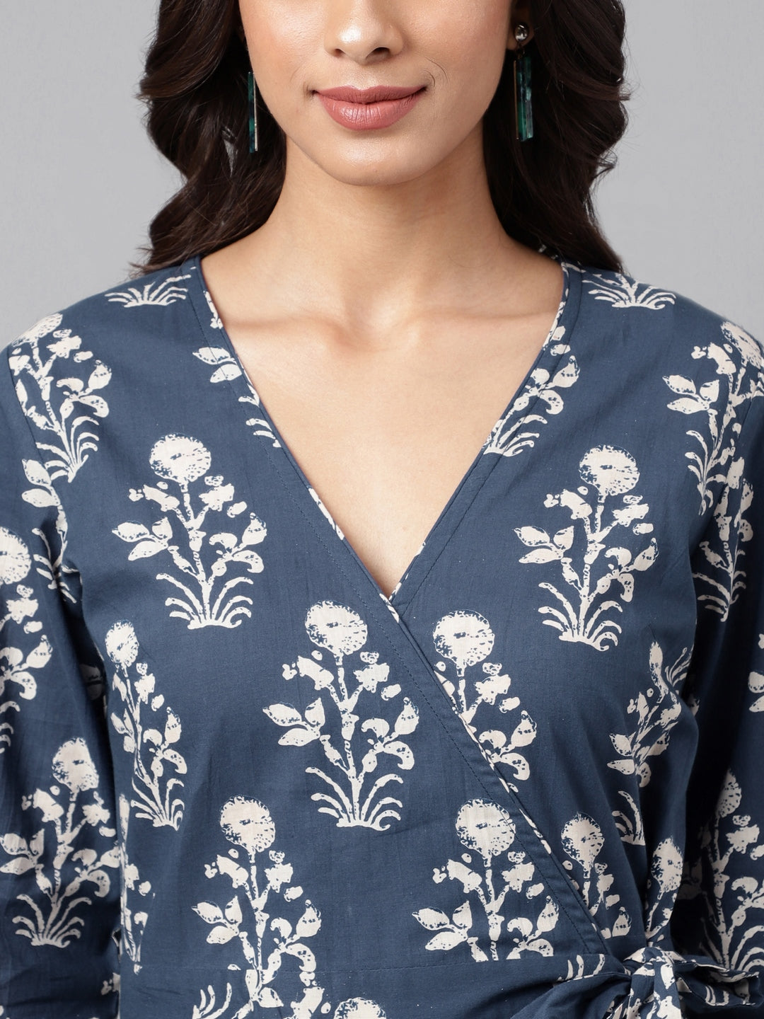 Janasya Women's Navy Blue Cotton Floral Printed Wrap Casual Dress - Distacart