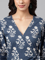 Thumbnail for Janasya Women's Navy Blue Cotton Floral Printed Wrap Casual Dress - Distacart
