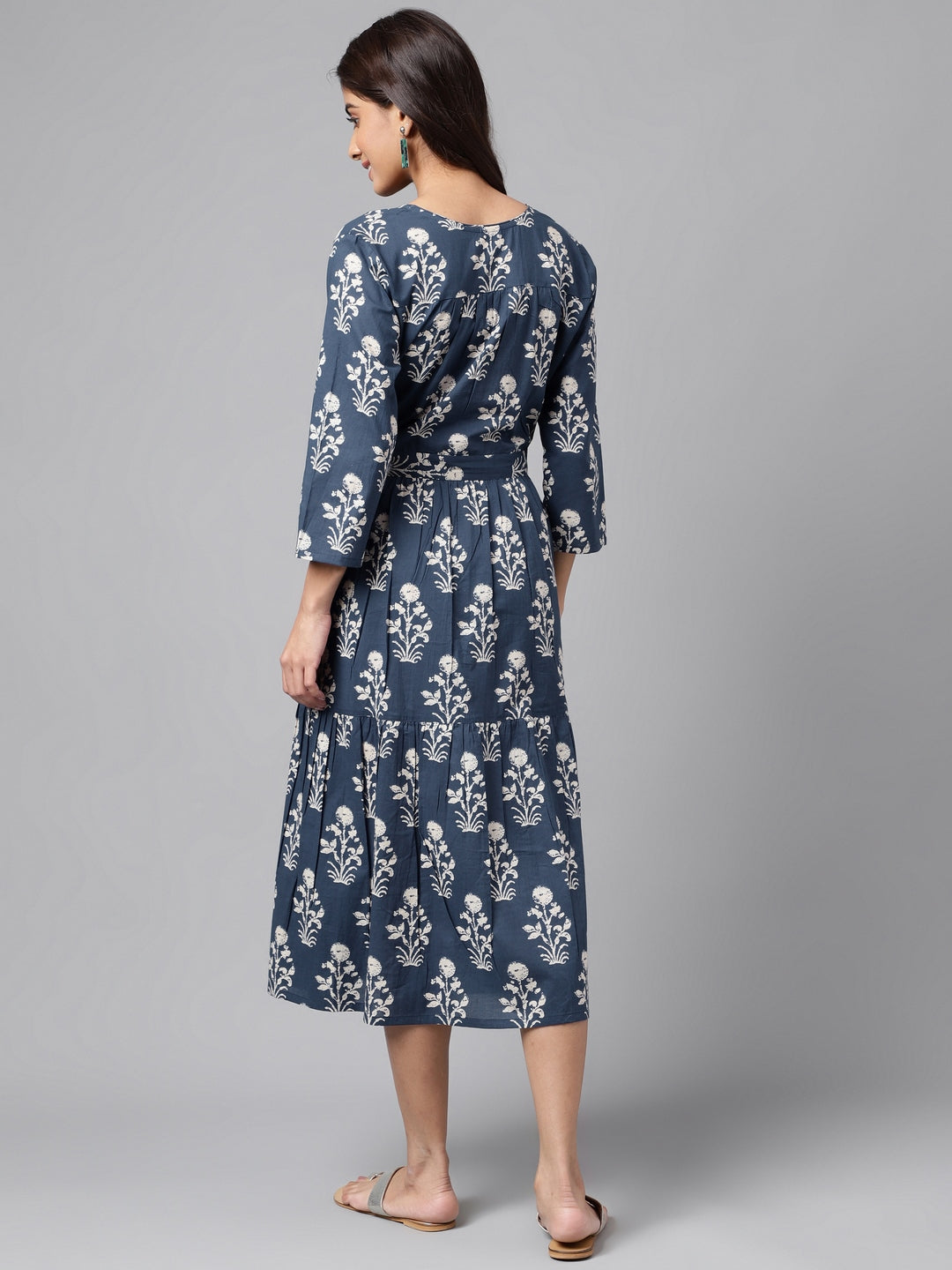 Janasya Women's Navy Blue Cotton Floral Printed Wrap Casual Dress - Distacart