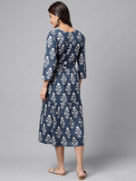 Thumbnail for Janasya Women's Navy Blue Cotton Floral Printed Wrap Casual Dress - Distacart