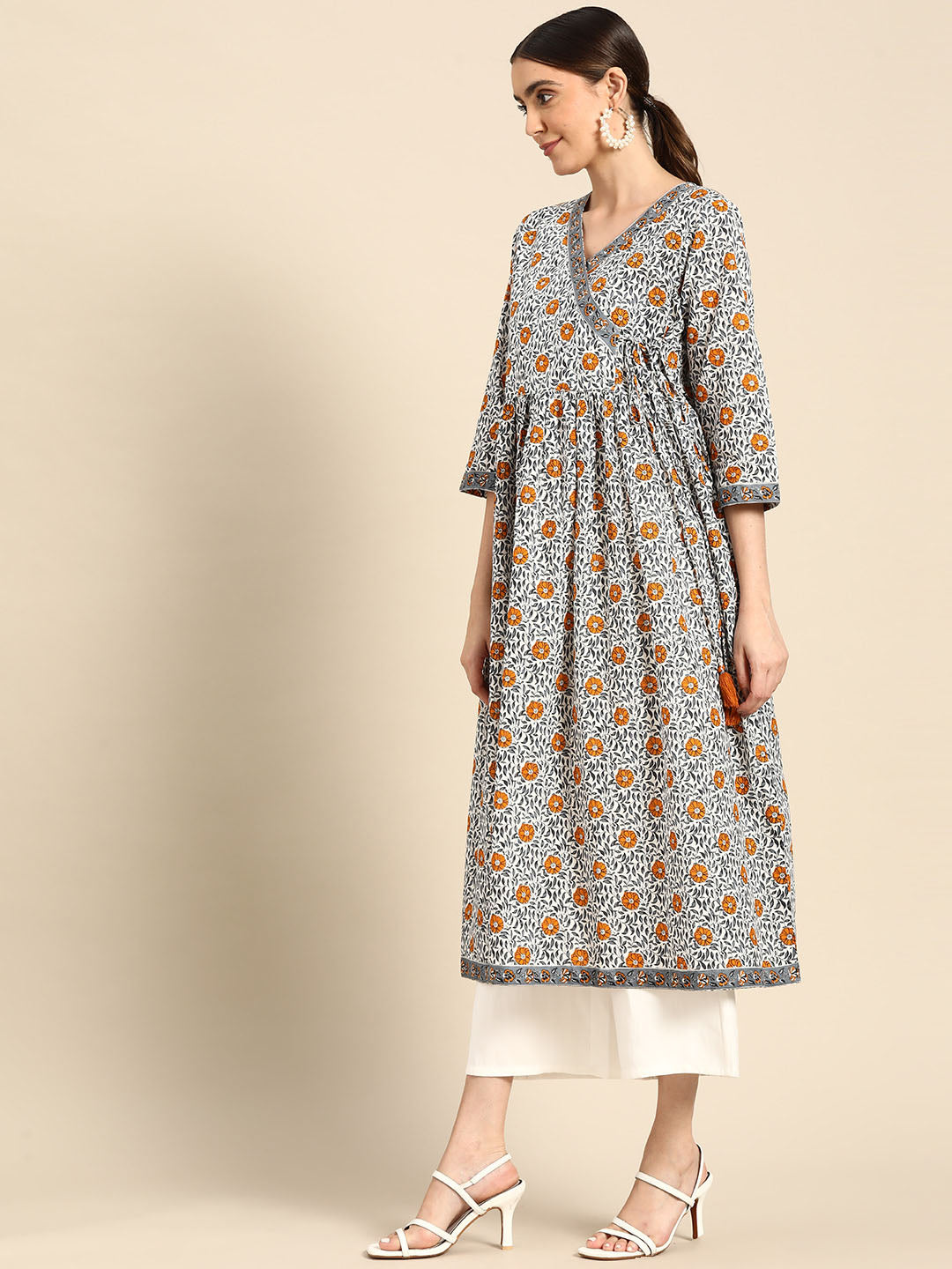 Janasya Women's White Cotton Floral Printed Casual Angrakha Kurta - Distacart