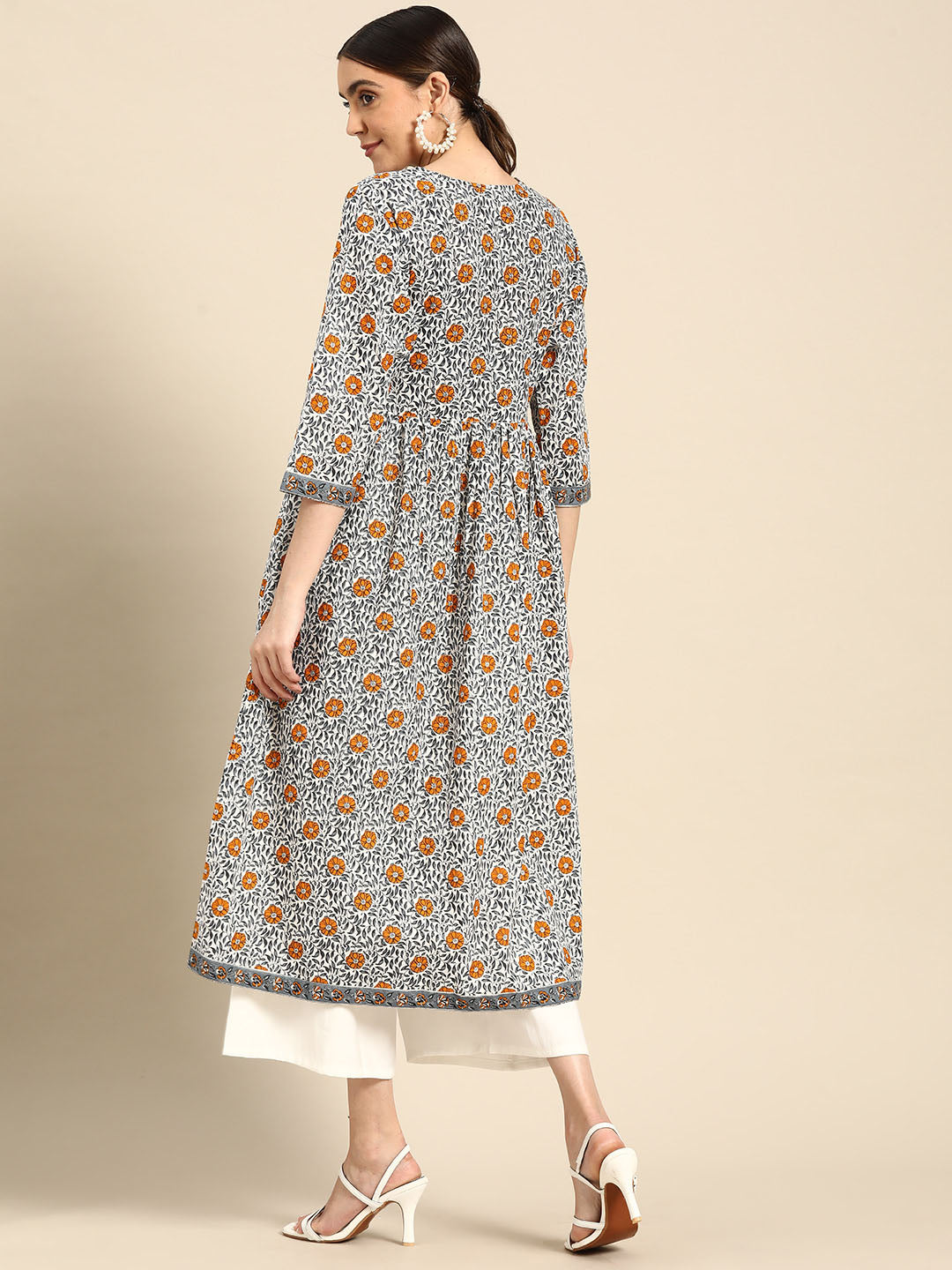 Janasya Women's White Cotton Floral Printed Casual Angrakha Kurta - Distacart