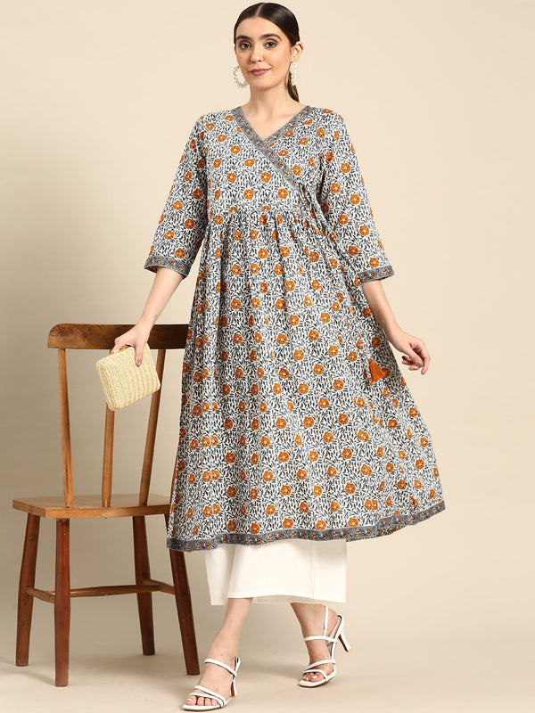 Janasya Women's White Cotton Floral Printed Casual Angrakha Kurta - Distacart