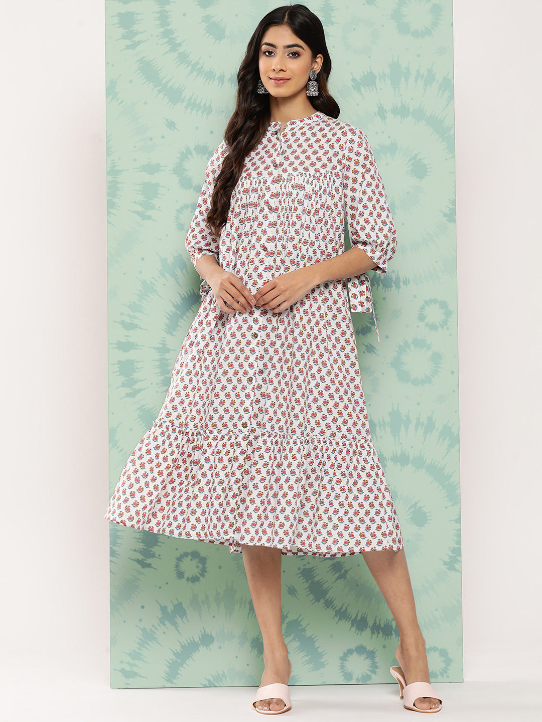 Janasya Women's White Cotton Floral Printed Gathered Casual Dress - Distacart
