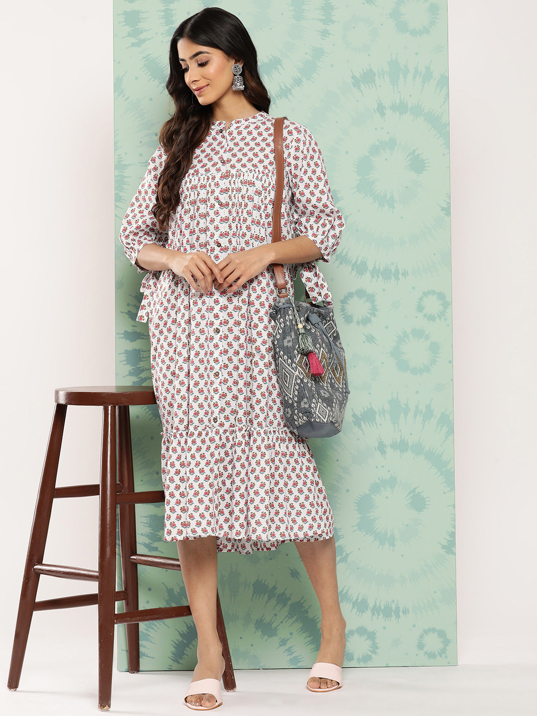 Janasya Women's White Cotton Floral Printed Gathered Casual Dress - Distacart