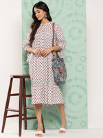 Thumbnail for Janasya Women's White Cotton Floral Printed Gathered Casual Dress - Distacart