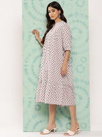 Thumbnail for Janasya Women's White Cotton Floral Printed Gathered Casual Dress - Distacart