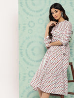 Thumbnail for Janasya Women's White Cotton Floral Printed Gathered Casual Dress - Distacart
