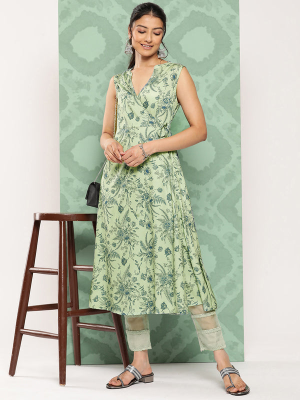 Janasya Women's Light Green Crepe Digital Printed Casual Angrakha Kurta - Distacart