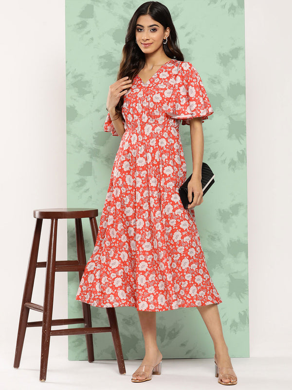 Janasya Women's Orange Crepe Digital Printed Flared Casual Dress - Distacart