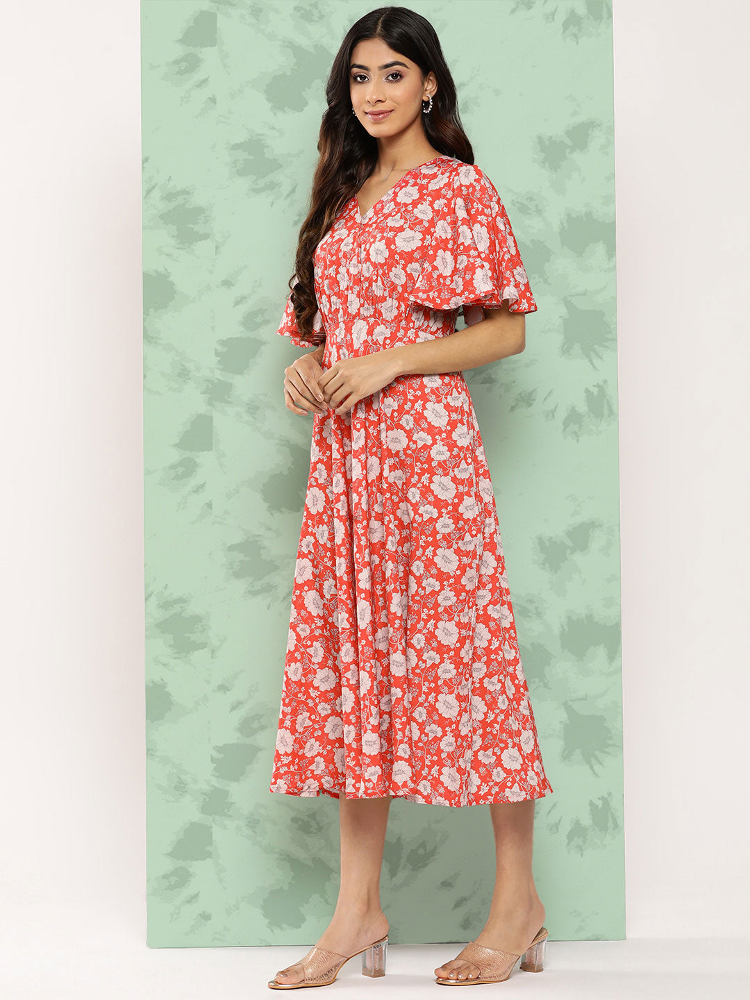 Janasya Women's Orange Crepe Digital Printed Flared Casual Dress - Distacart