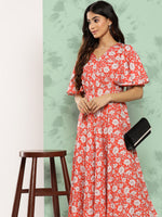 Thumbnail for Janasya Women's Orange Crepe Digital Printed Flared Casual Dress - Distacart