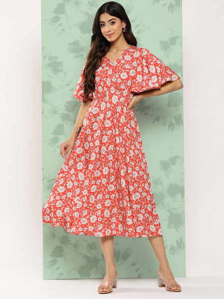 Janasya Women's Orange Crepe Digital Printed Flared Casual Dress - Distacart