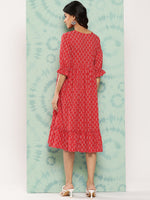 Thumbnail for Janasya Women's Red Cotton Ethnic Motifs Printed Flared Casual Dress - Distacart
