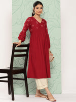 Thumbnail for Janasya Women's Maroon Rayon Solid Party Gathered Kurta - Distacart