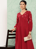 Thumbnail for Janasya Women's Maroon Rayon Solid Party Gathered Kurta - Distacart
