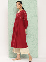 Thumbnail for Janasya Women's Maroon Rayon Solid Party Gathered Kurta - Distacart